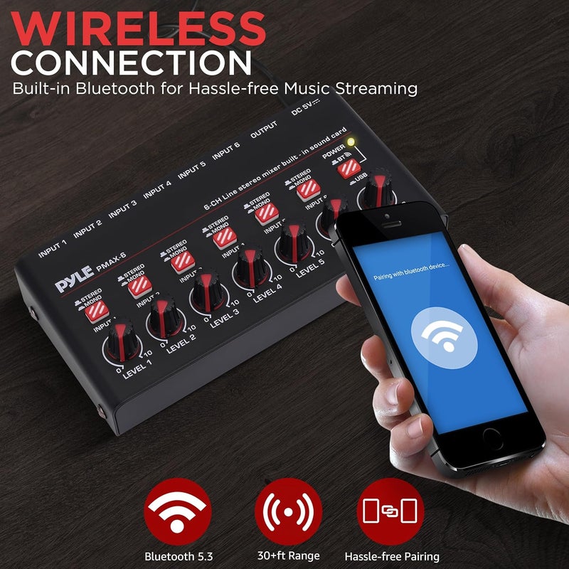 Pyle 6-Channel Wireless BT Streaming Mini Line Mixer with USB Audio Interface - 6 Mono/Stereo Switching Inputs | Ultra-low Noise Design with High Headroom | Built-in USB Sound Card - PMAX6 - Image 5